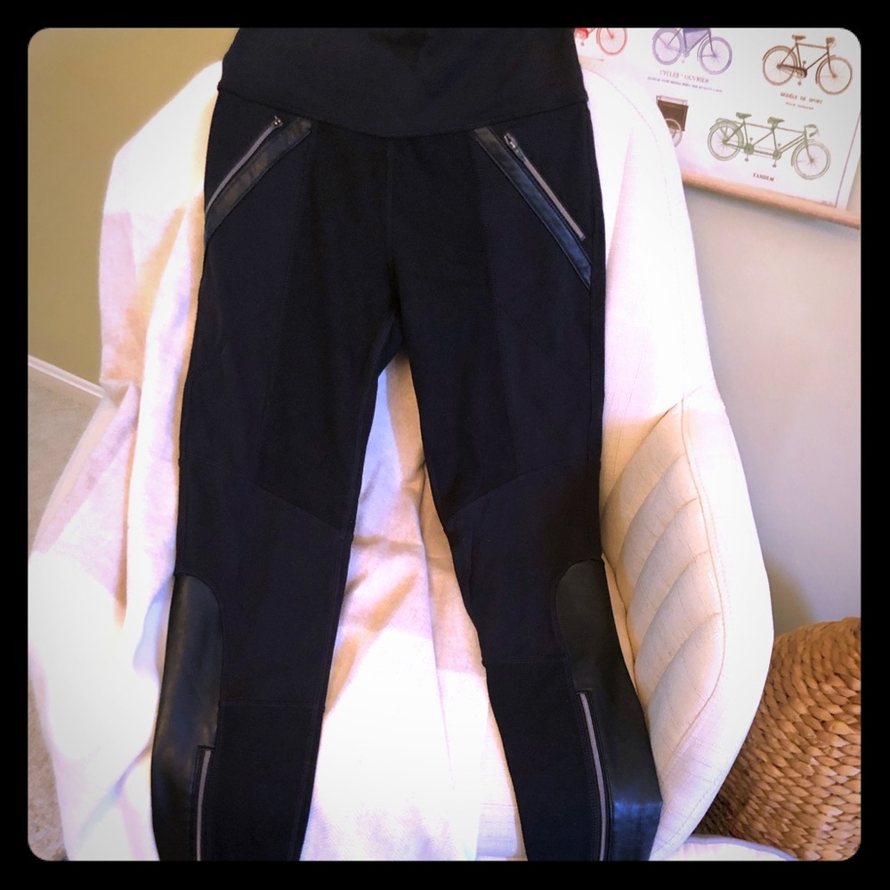Black Athleta leggings w/ vegan leather detailing